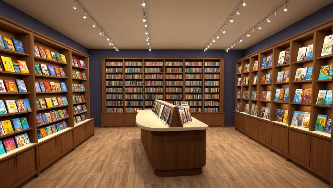 Strategic accent lighting highlighting featured book displays in modern bookstore