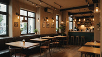 The cozy cafe interior, with soft warm lighting, creates a comfortable atmosphere.