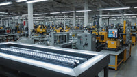 A modern factory equipped with advanced machinery and robotic arms for manufacturing LED lights.